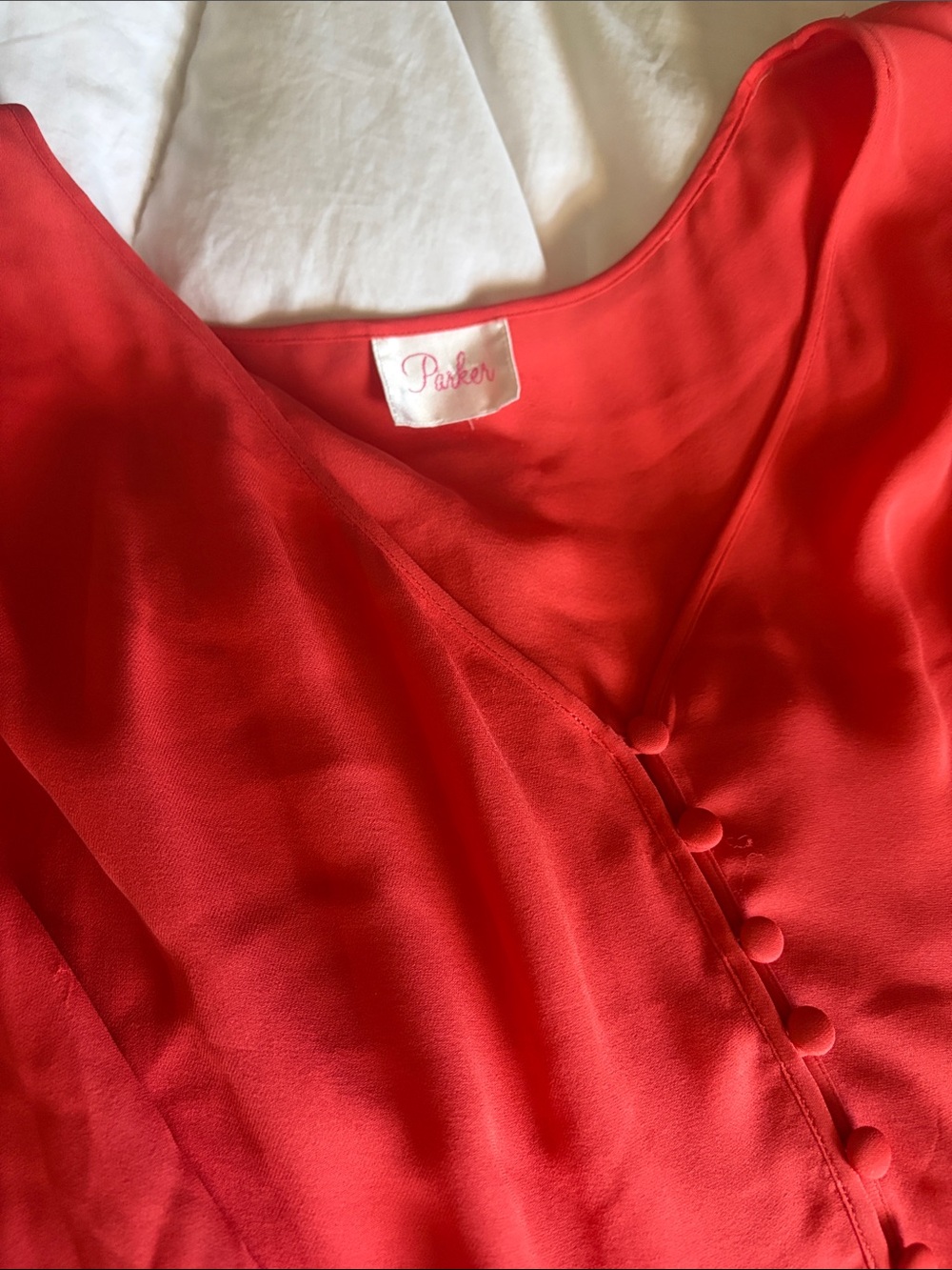 Parker Bright Red Button-Front Blouse with Smocked Waist - Picture 2 of 6